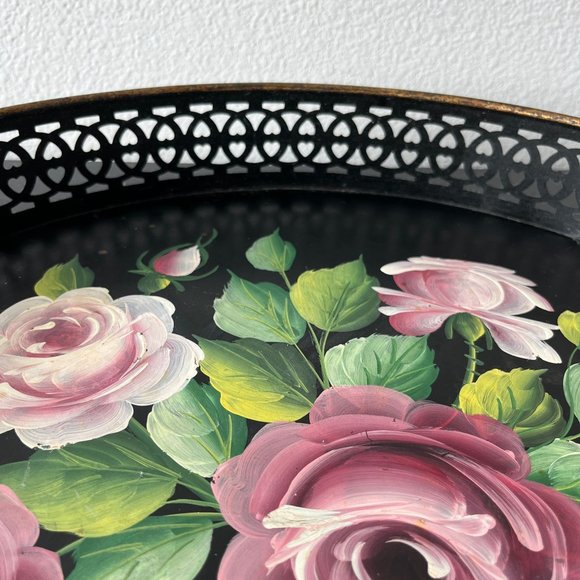 Vintage Pilgrim Art Tole Ware Metal Tray With Handles // Handpainted Roses 15.5" - Picture 6 of 10